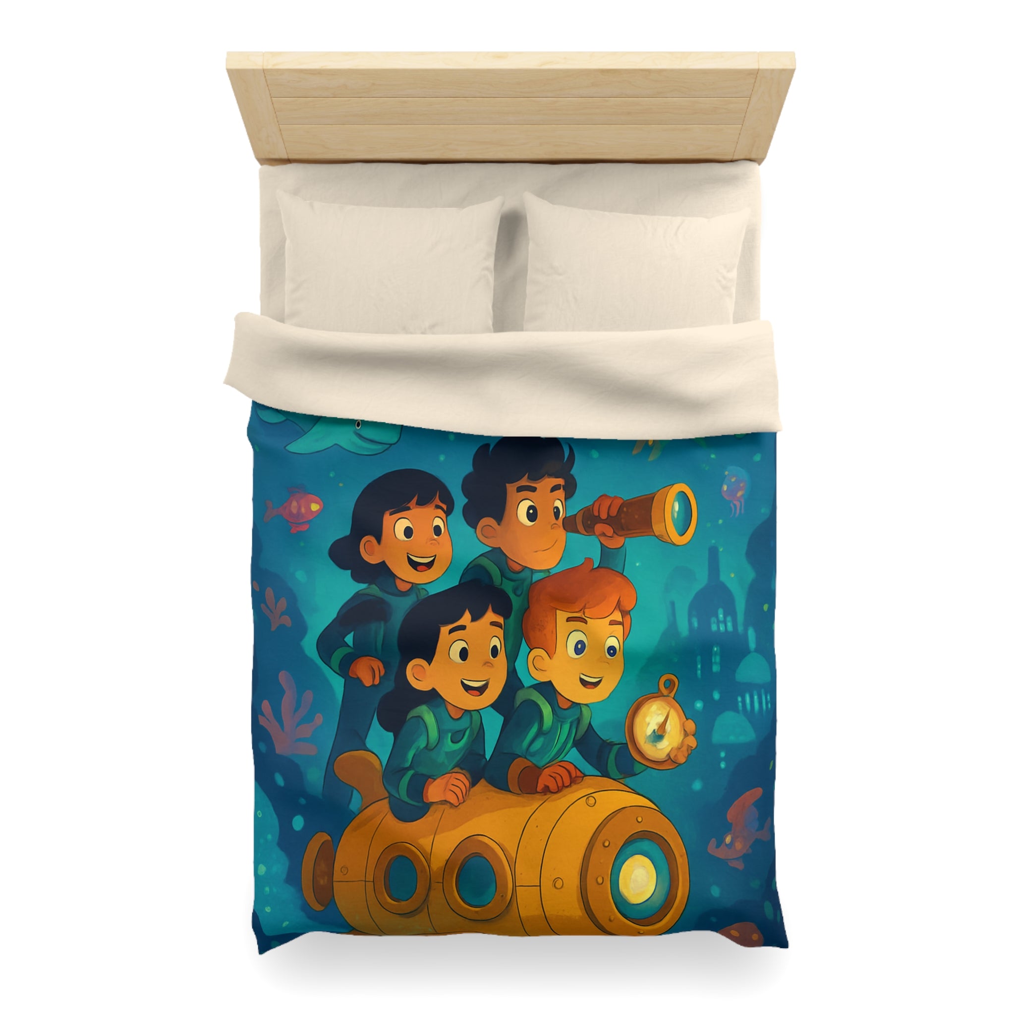 Housse de couette sous-marine avec enfants explorateurs et animaux marins joyeux