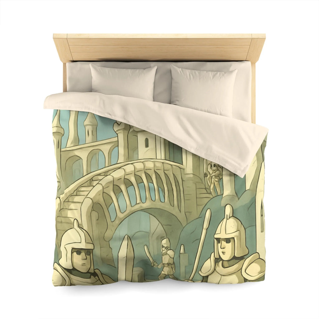 Housse de couette médiévale illustrée avec château crâne et chevaliers en armure