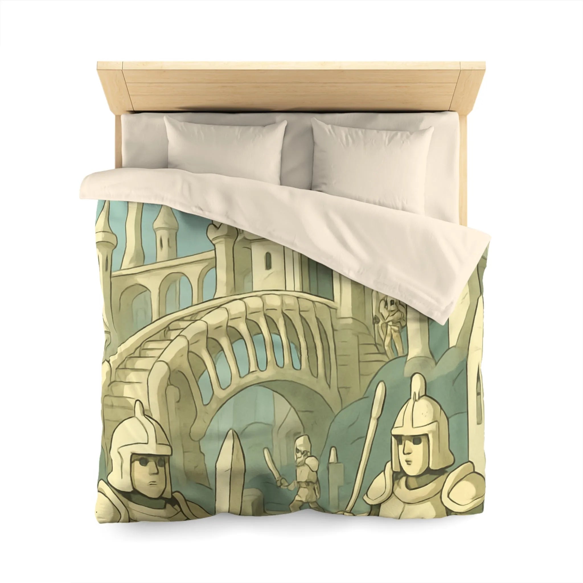 Housse de couette médiévale illustrée avec château crâne et chevaliers en armure