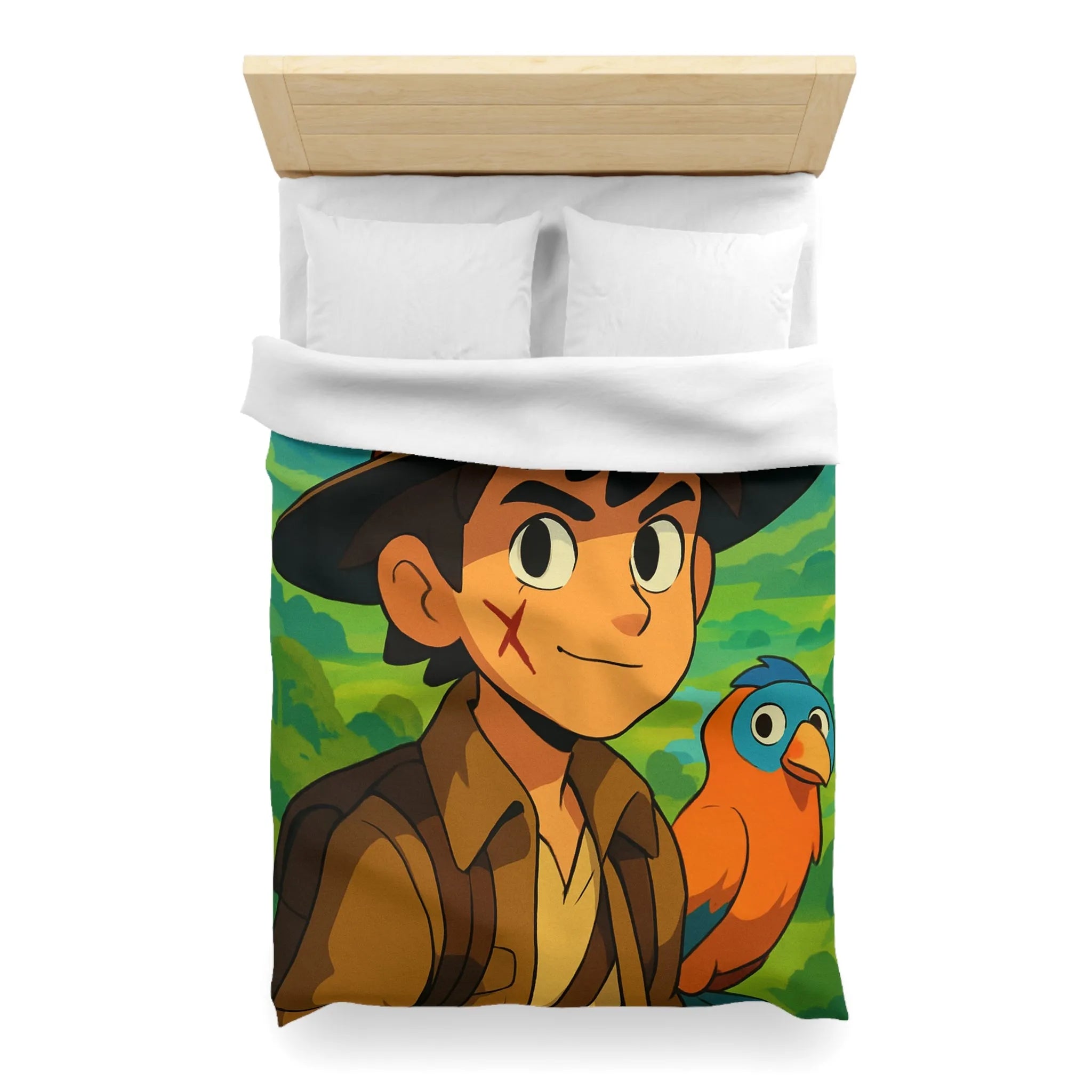 Housse de Couette Enfant Aventure Jungle avec Explorateur et Perroquet Coloré