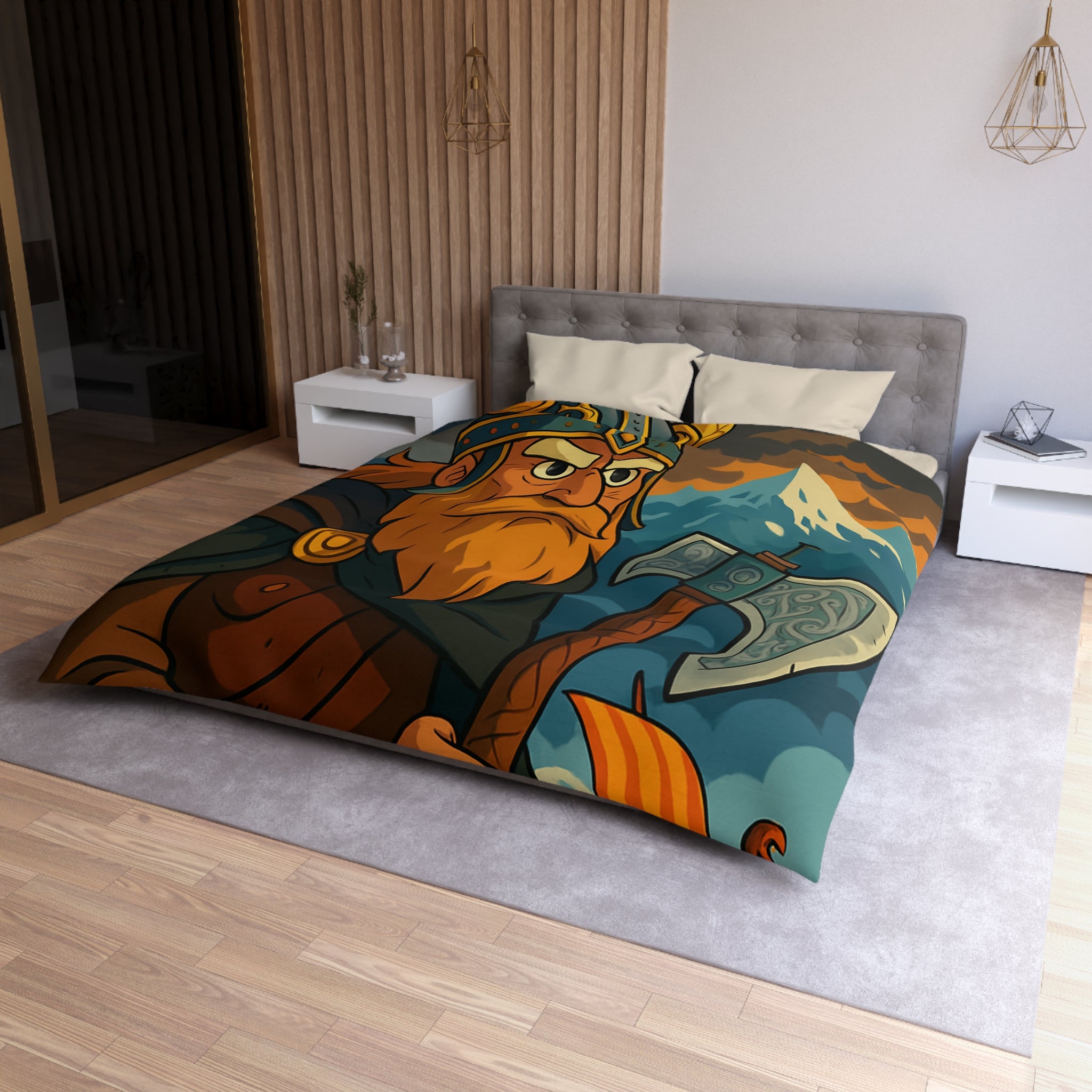 Housse de couette Viking féroce, paysage nordique et drakkar, ambiance mythique captivante