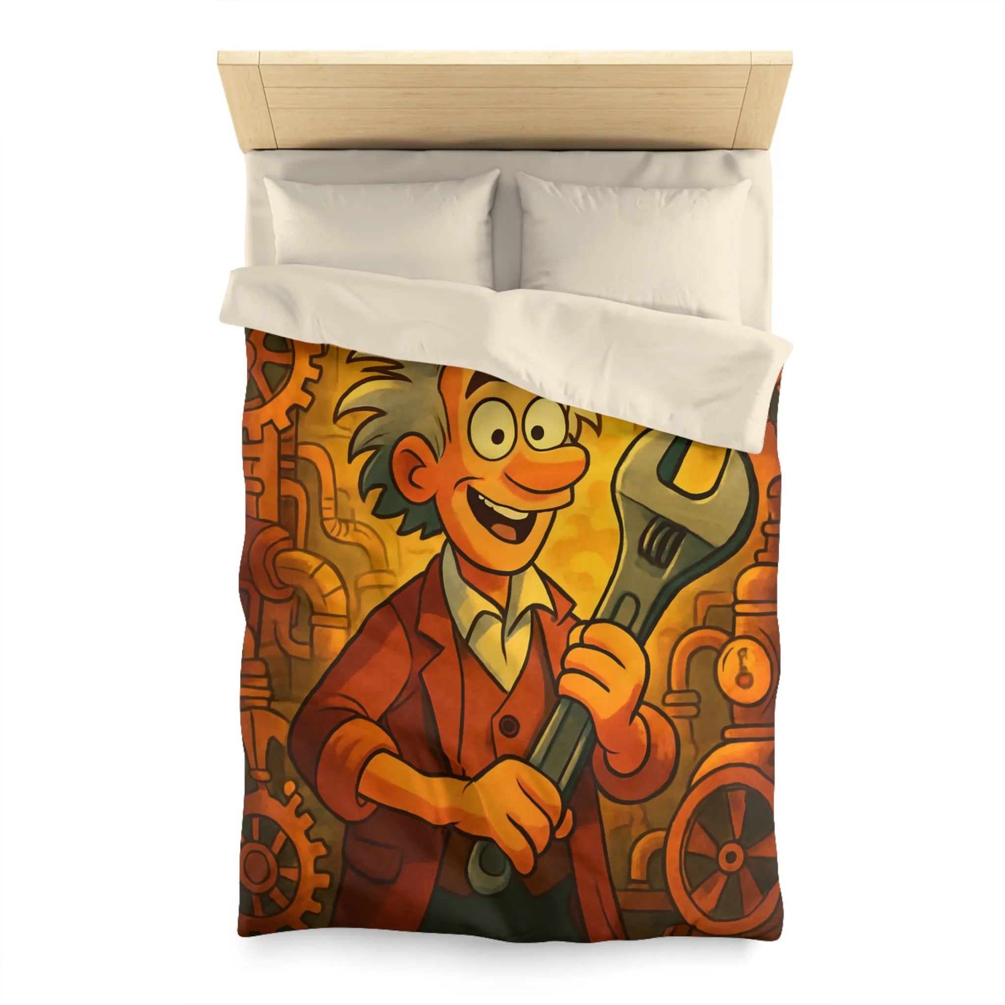 Housse de couette au style rétro avec inventeur animé dans un atelier coloré
