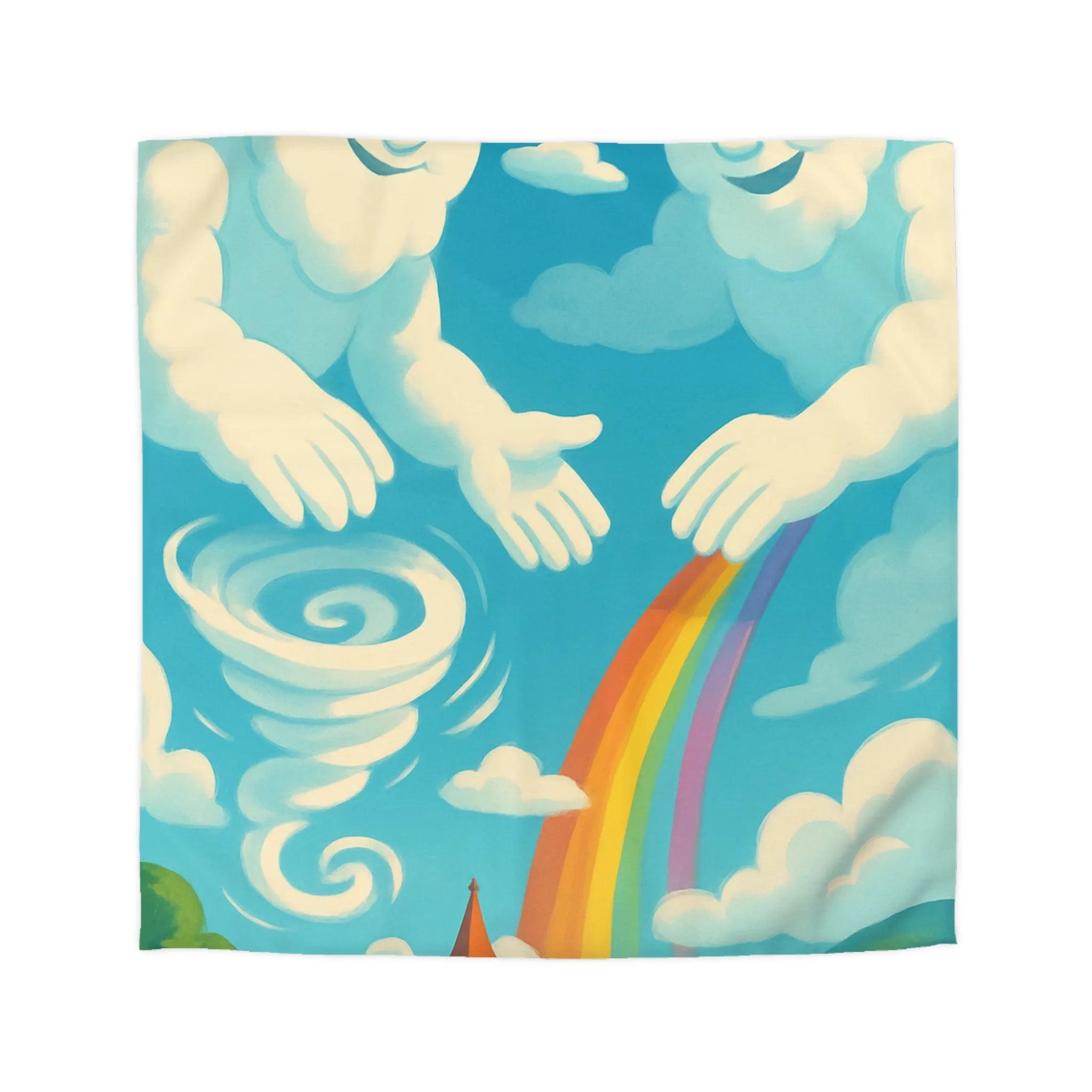 Art ludique de nuages souriants au-dessus d'un village teinté de couleurs vives