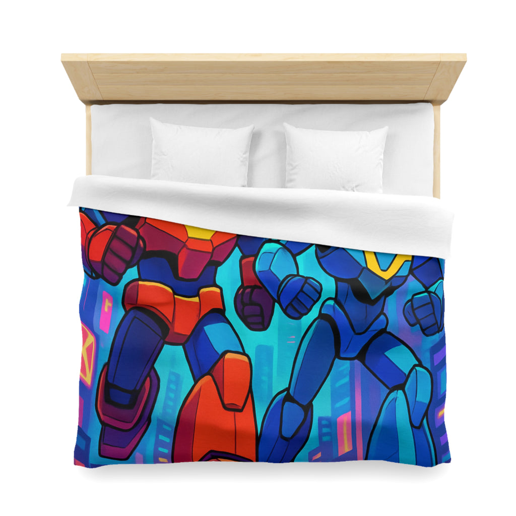 Housse de couette robot futuriste colorée, style rétro avec ambiance urbaine dynamique