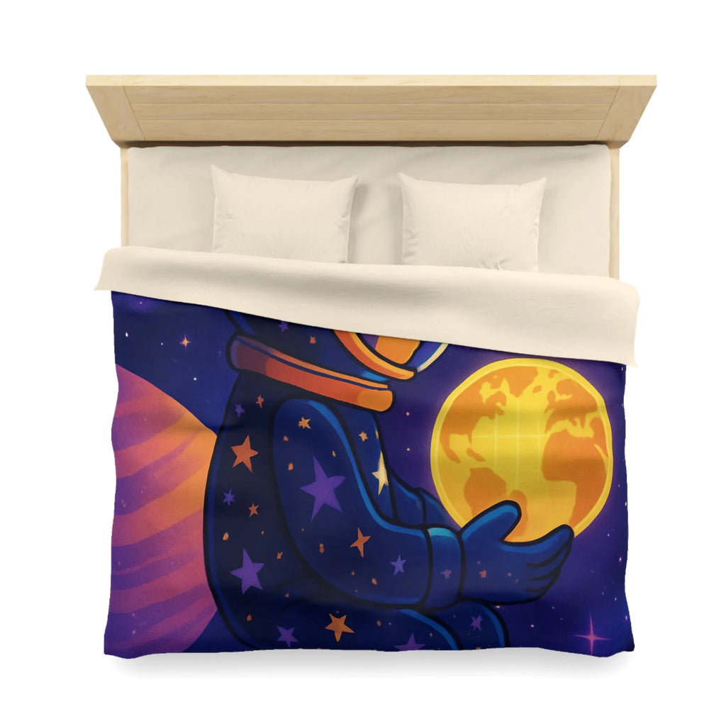 Housse de couette cosmos enfantine avec astronaute rêveur tenant une planète lumineuse