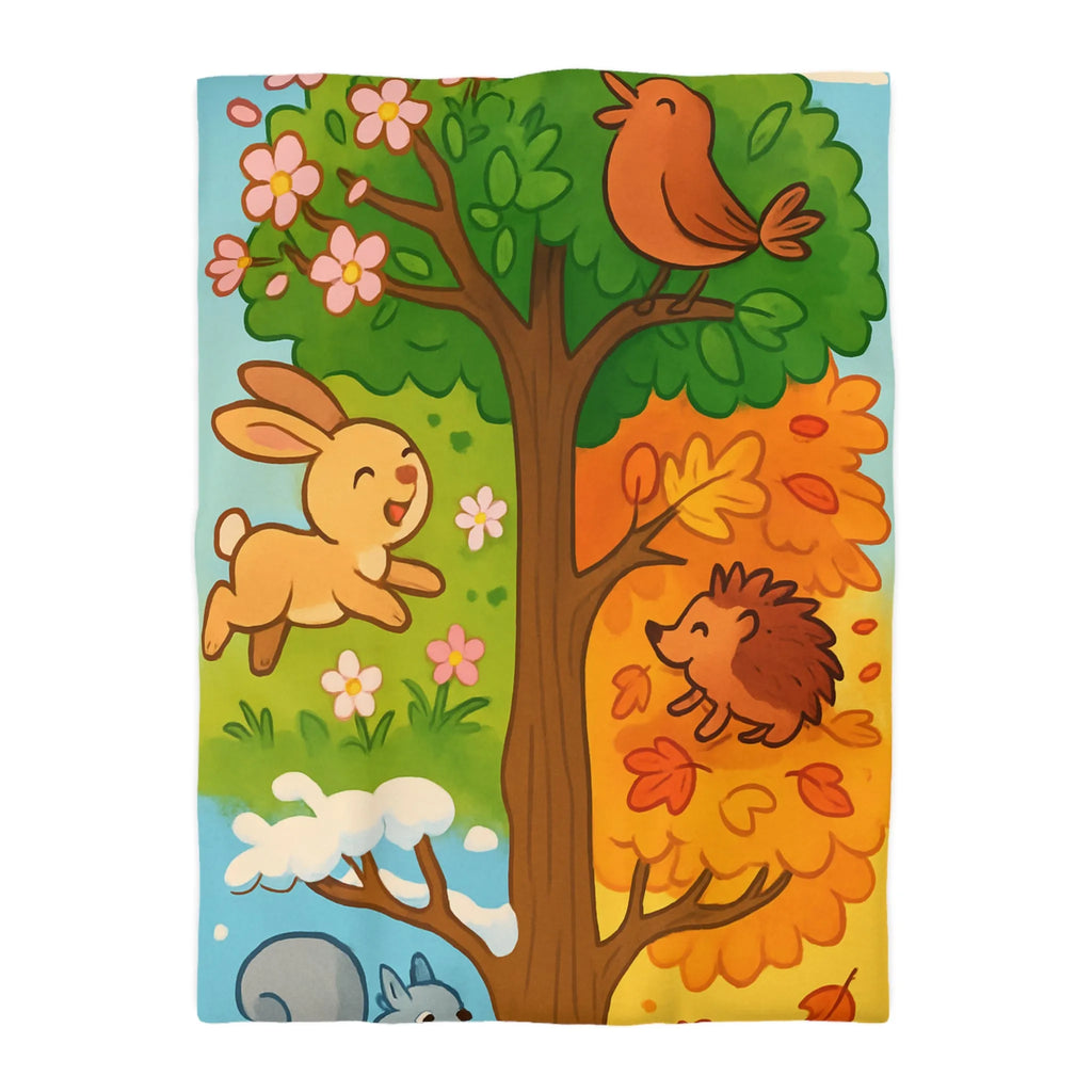 Housse de couette imprimée animaux des quatre saisons avec arbre coloré, nature joyeuse
