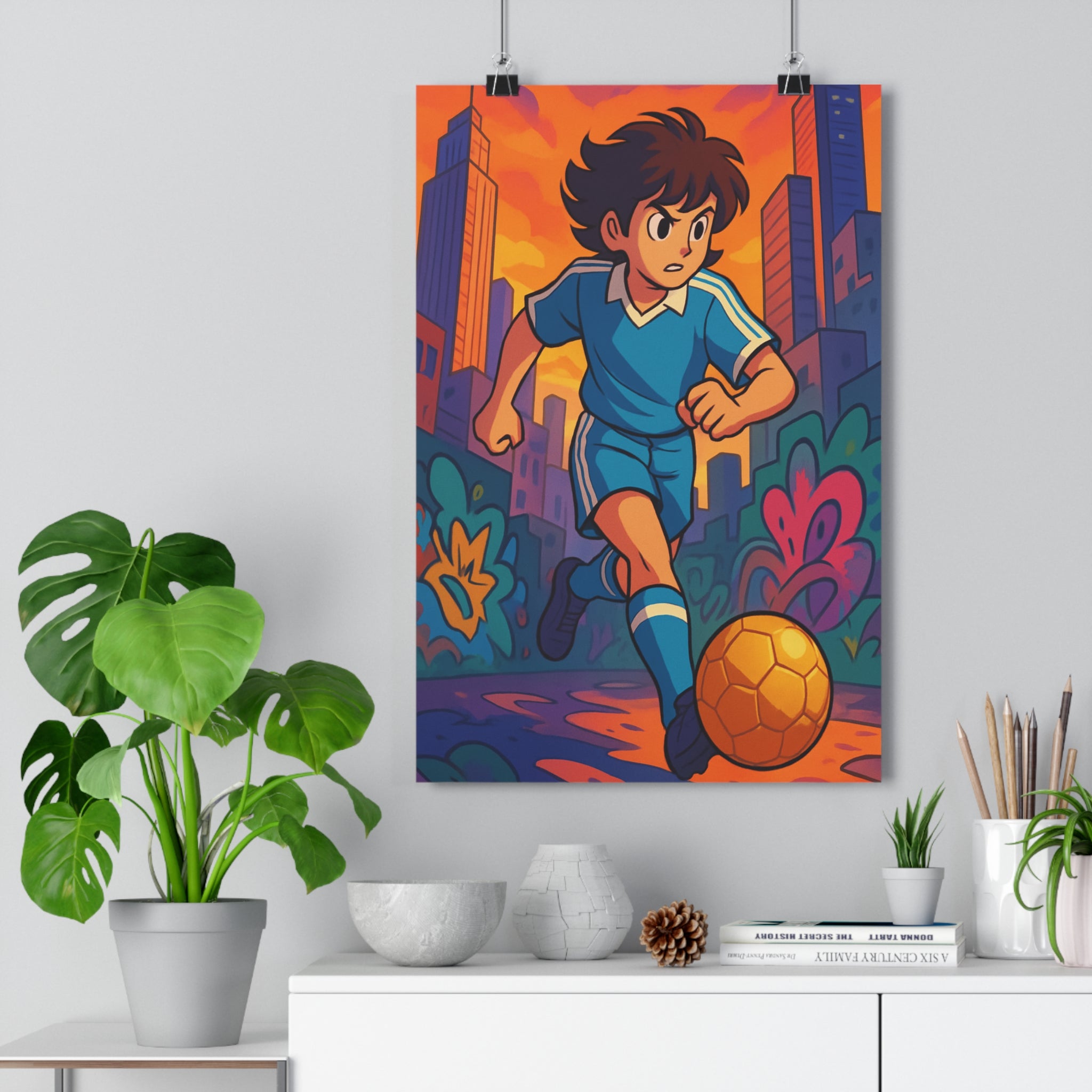 Poster décoratif footballeur urbain rétrofuturiste bleu orange dynamique chambre style cartoon joyeux vibrant qualité