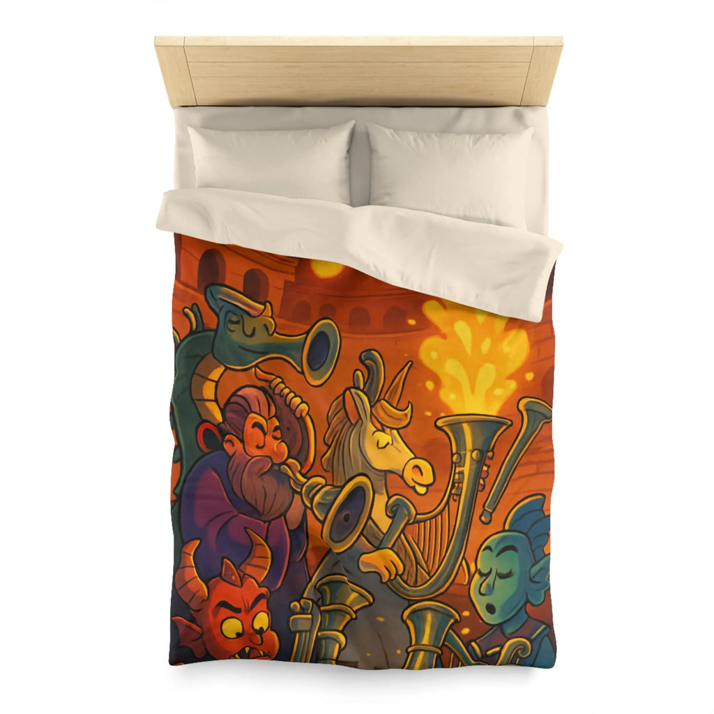 Housse de couette fantastique illustrée avec dragons, musiciens mythiques et couleurs flamboyantes