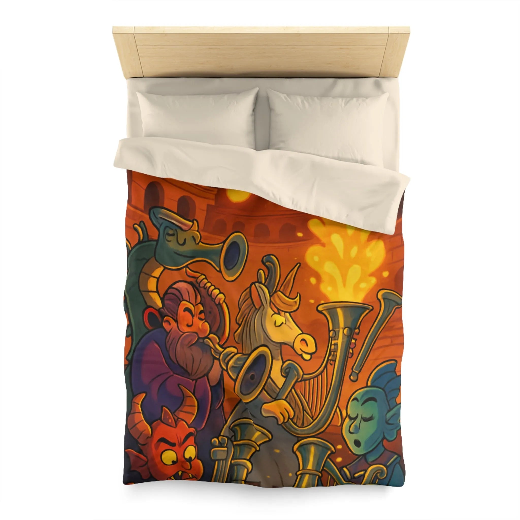 Housse de couette fantastique illustrée avec dragons, musiciens mythiques et couleurs flamboyantes