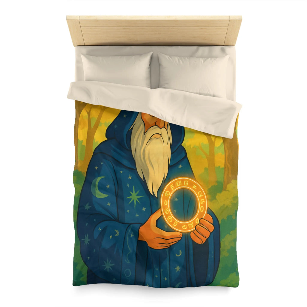Housse de couette enchantée avec mage en forêt et cercle lumineux mystérieux