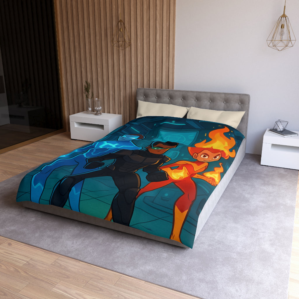 Housse de couette super-héros colorée avec motifs de feu, glace et technologie futuriste