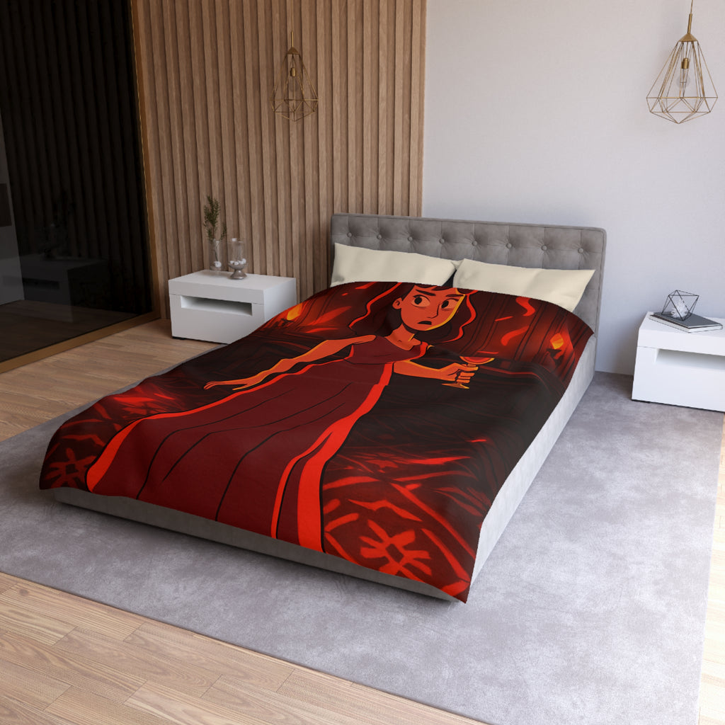 Housse de couette rouge élégante avec motif femme et reflets lumineux mystérieux