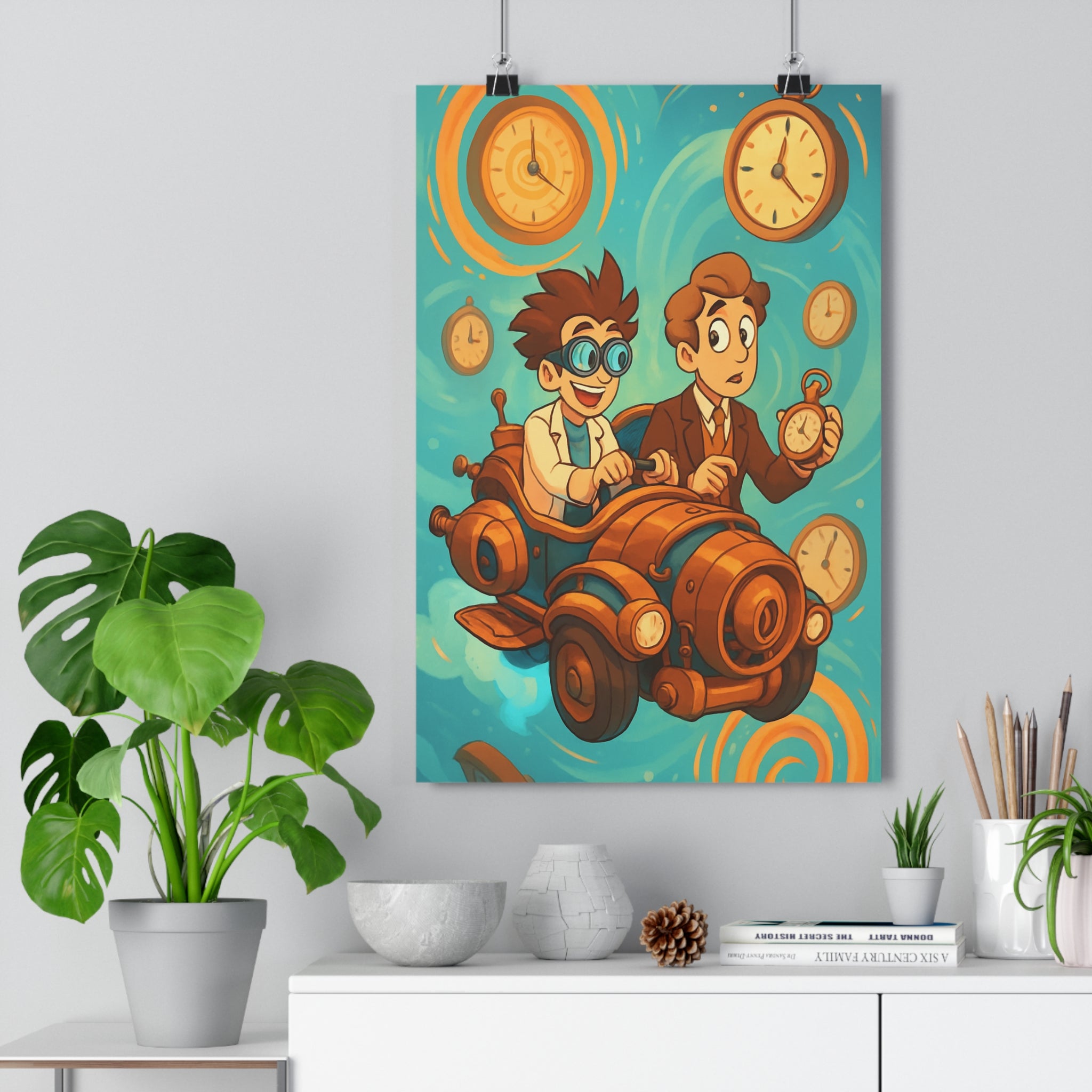 Poster décoratif steampunk voyage aventure dynamique bleu orange cartoon chambre bureau enfants 30x46 cm
