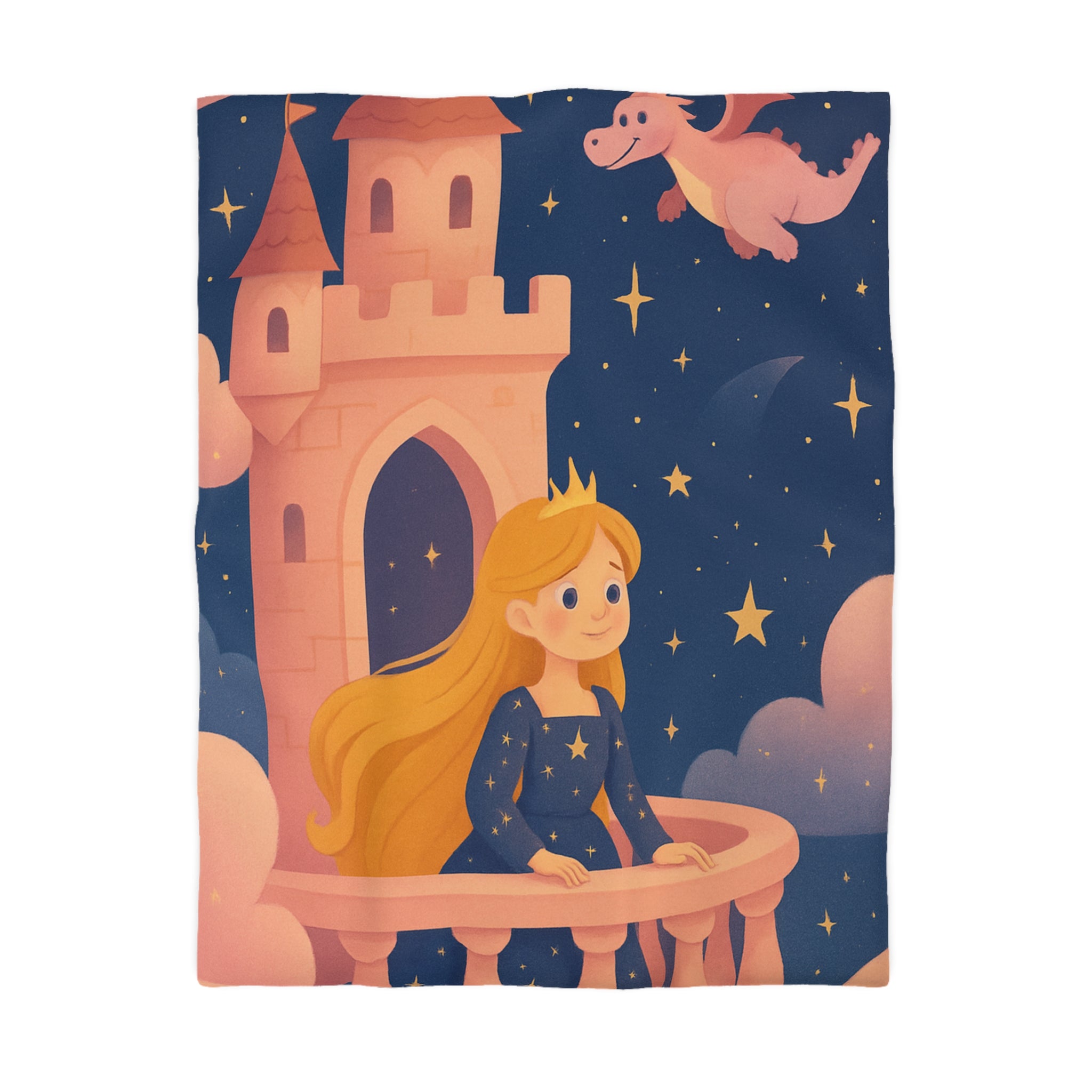 Housse de couette princesse rêveuse château et dragon volant étoiles scintillantes nuit