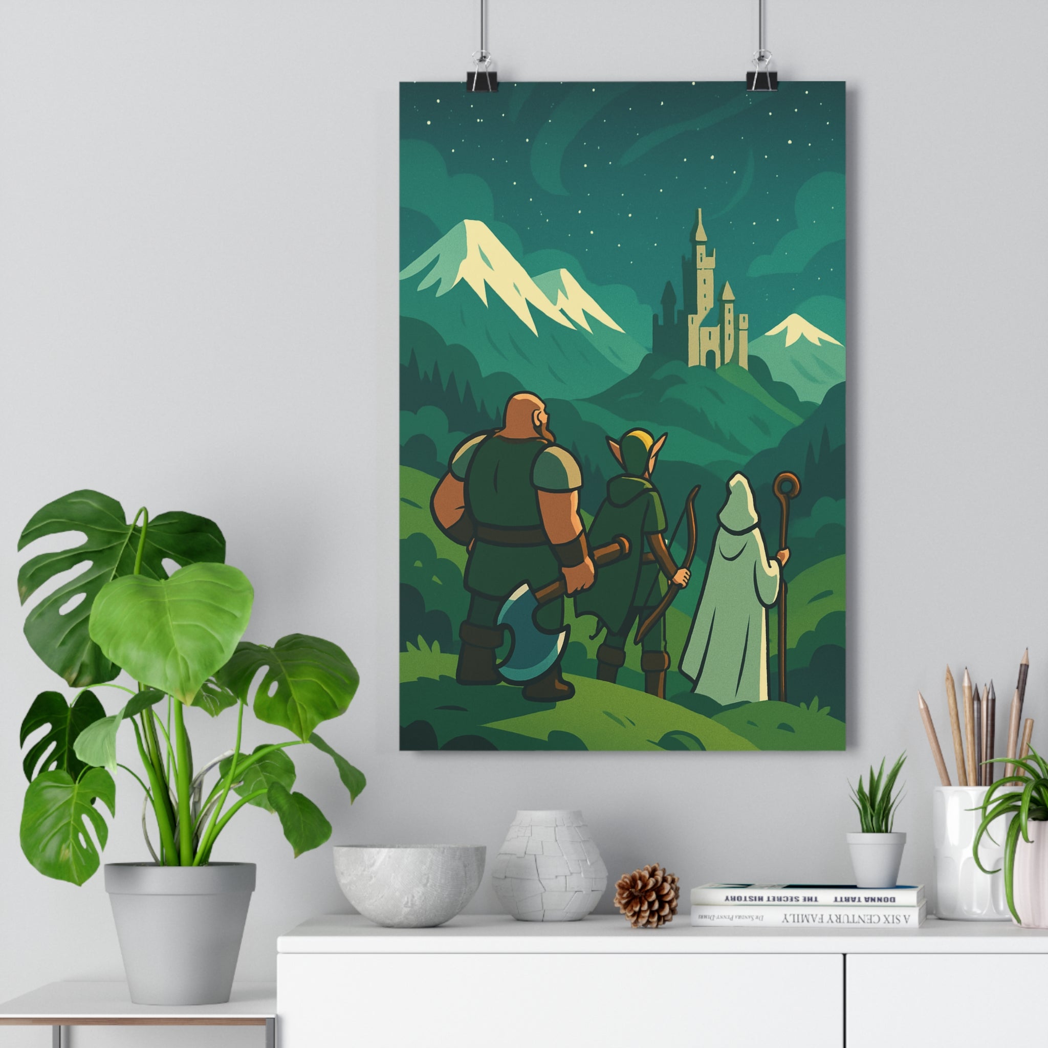 Poster décoratif épique aventuriers château ciel étoilé vert bleu dessin animé magique chambre 30x46