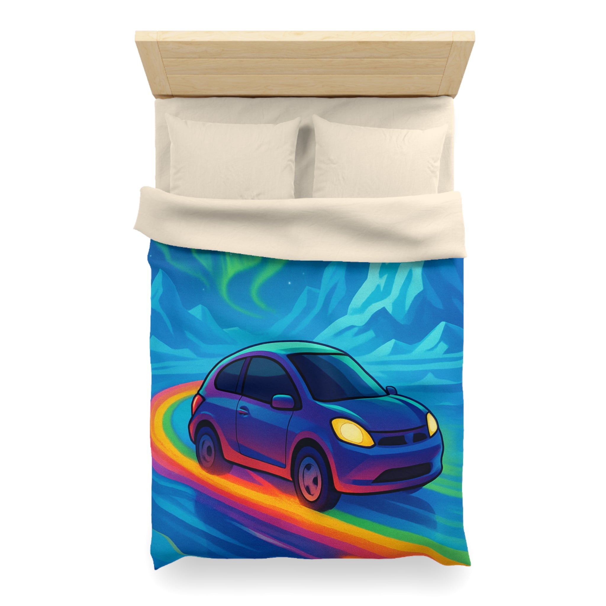 Housse de couette paysage polaire voiture et aurore boréale en couleurs éclatantes