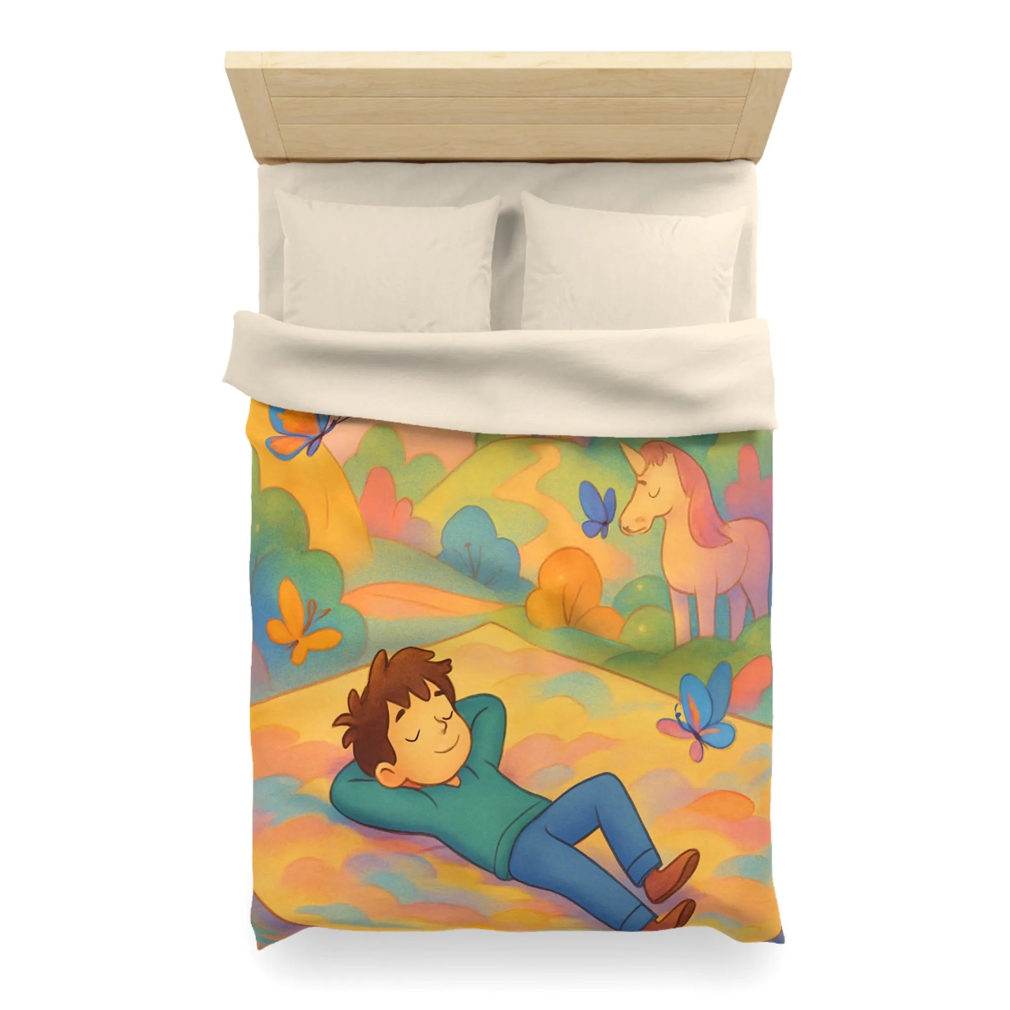 Housse de couette enfant dragon, licorne et château dans un décor féerique coloré