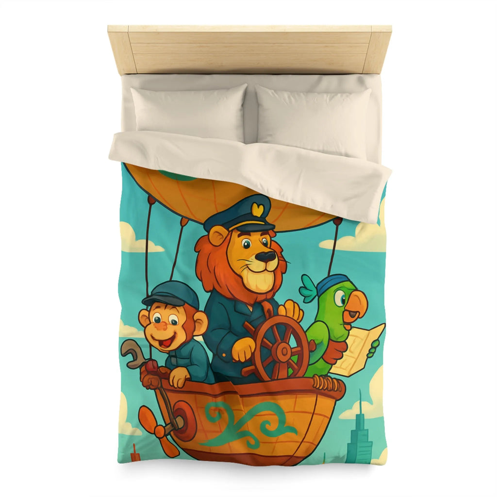 Housse de couette enfant avec montgolfière lion, singe, perroquet colorée et joyeuse