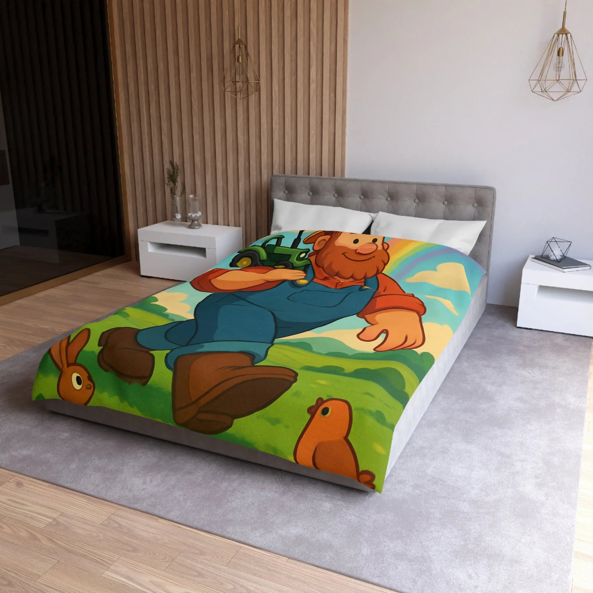 Housse de couette fermier joyeux avec animaux, arc-en-ciel et tracteur, paysage coloré