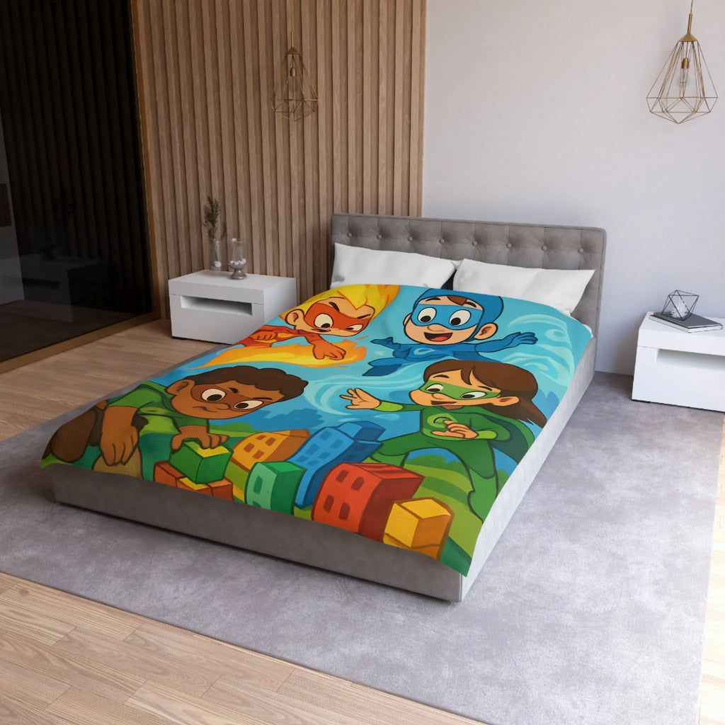 Housse de couette enfant avec super-héros colorés en action dans une ville imaginaire