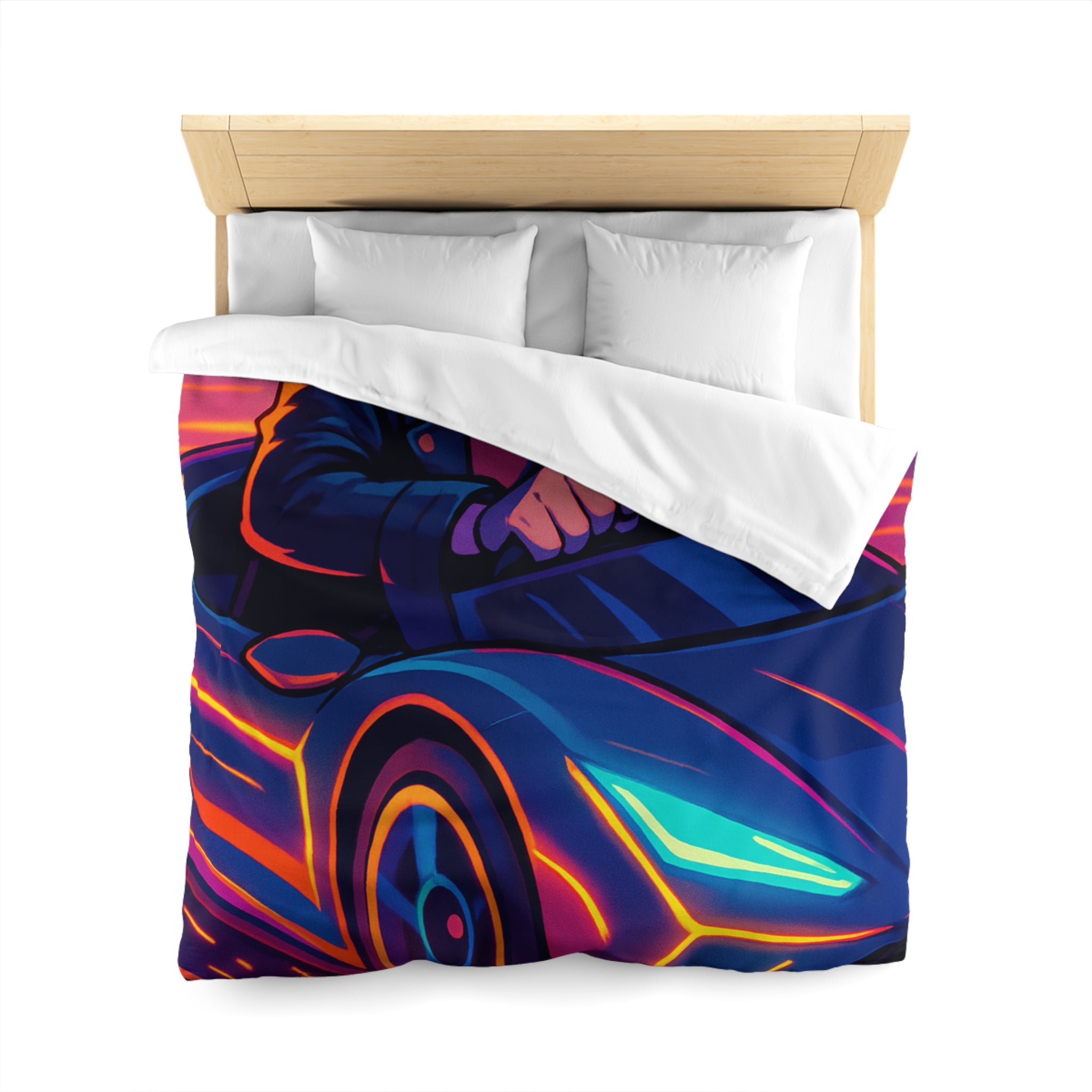 Housse de couette urbaine rétro futuriste avec néons et voiture sportive élégante