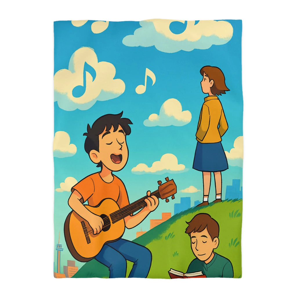 Housse de couette avec personnages chantant et lisant sur colline ensoleillée