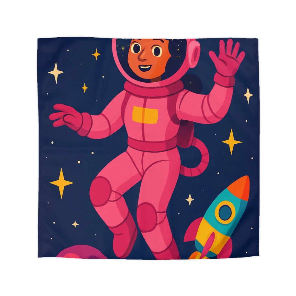 Housse de couette enfant avec astronaute rose et planètes colorées en fond spatial