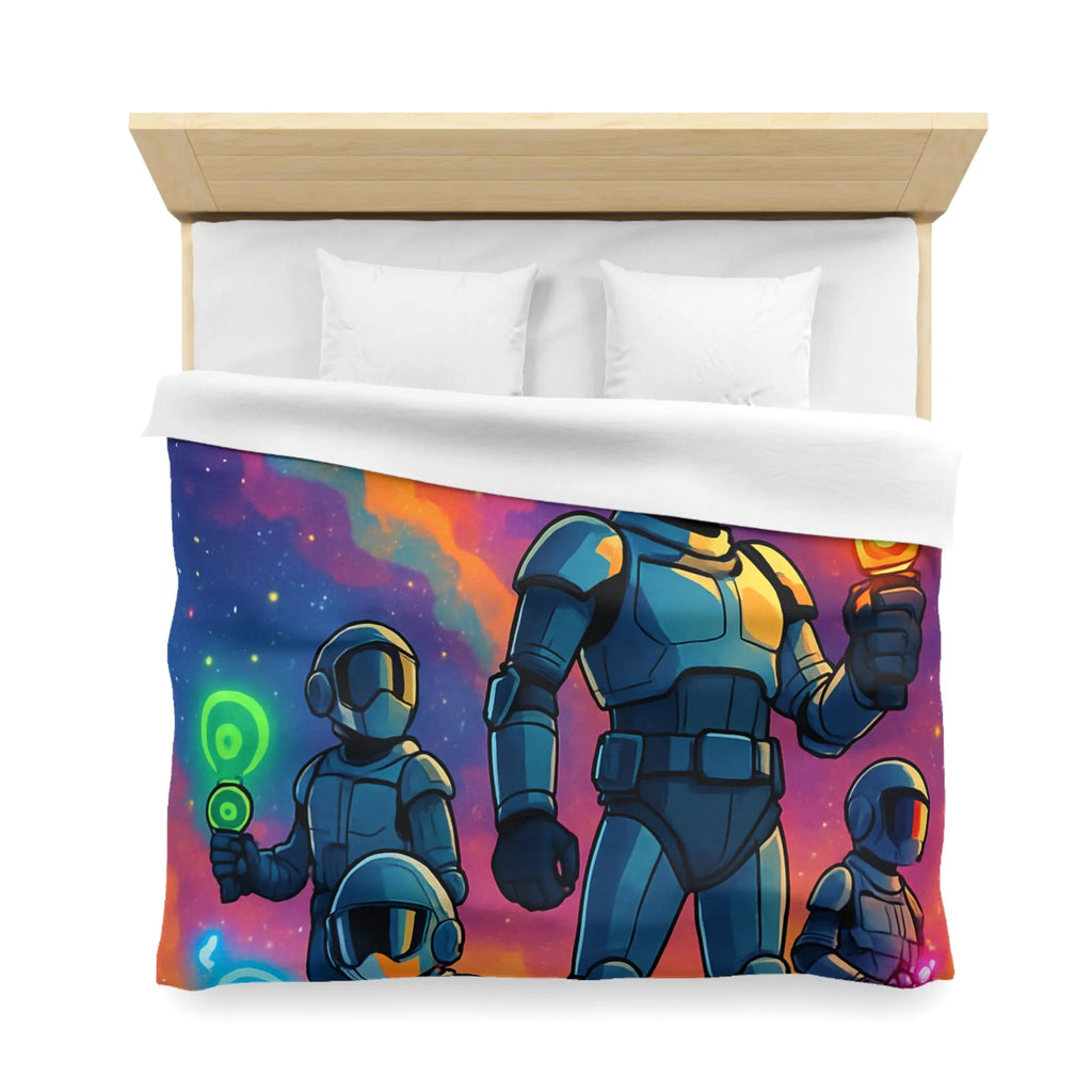 Housse de couette futuriste colorée avec quatre astronautes sous galaxie vibrante et étoilée