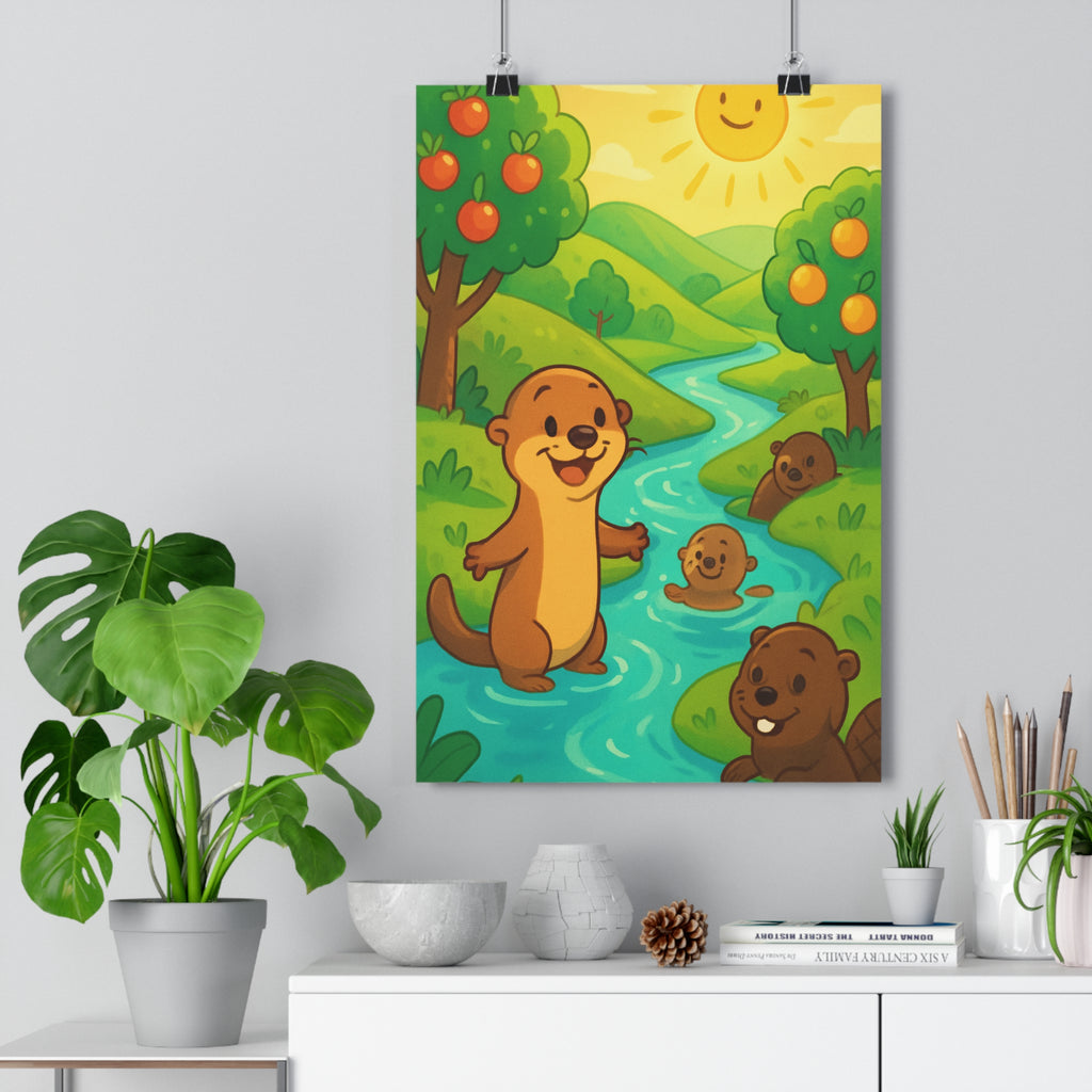 Poster décoratif nature cartoon joyeux enfant chambre rivière arbres verts loutres castor lumineux ambiance