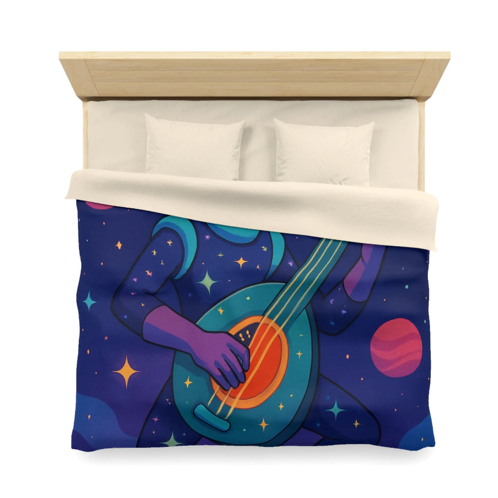 Housse de couette artistique espace avec musicien, planètes et comète colorée