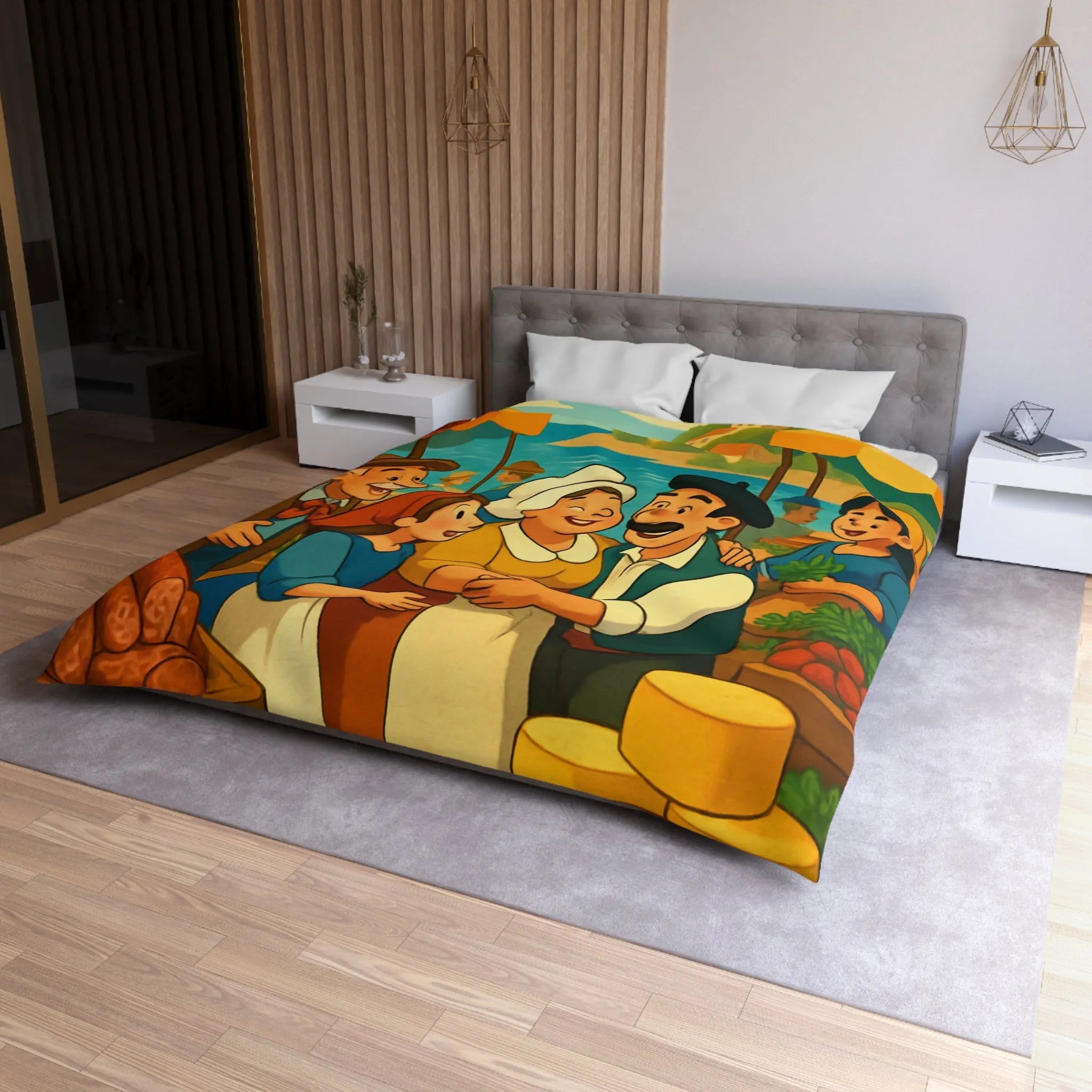 Housse de couette ambiance marché méditerranéen avec village en bord de mer