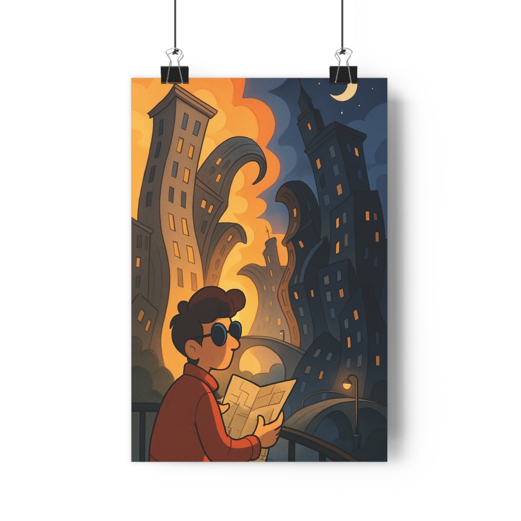 Poster décoratif urbain surréaliste ville dynamique mouvement nocturne exploration ambiance mystérieuse moderne salon chambre