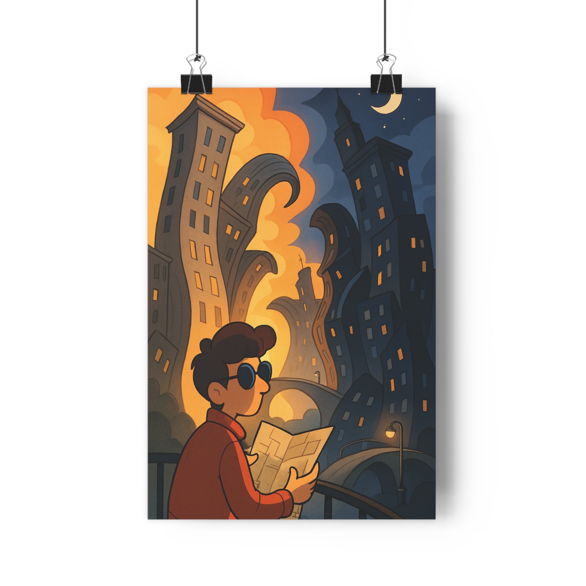 Poster décoratif urbain surréaliste ville dynamique mouvement nocturne exploration ambiance mystérieuse moderne salon chambre