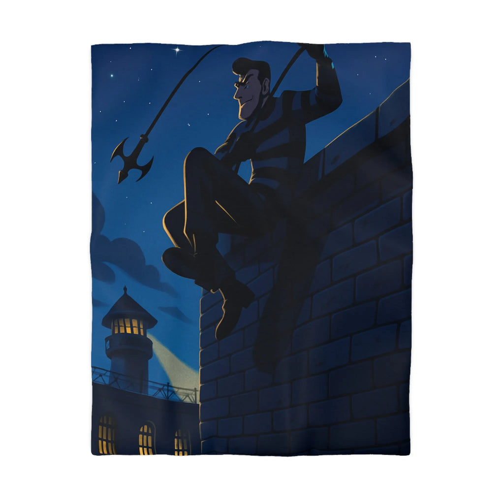 Housse de couette avec artiste en fuite sous ciel étoilé, ambiance nocturne captivante