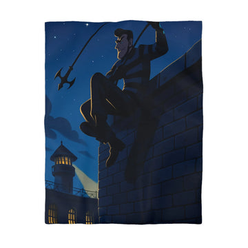 Housse de couette avec artiste en fuite sous ciel étoilé, ambiance nocturne captivante