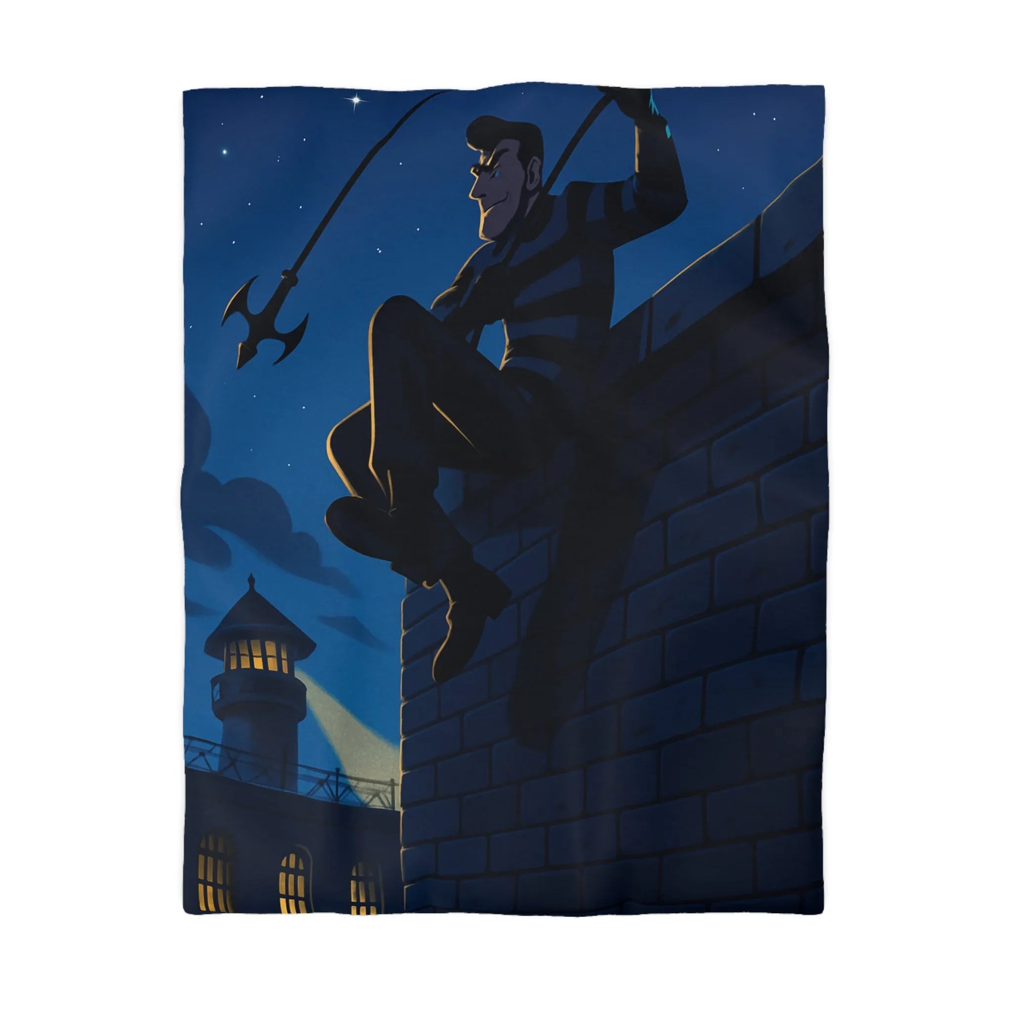 Housse de couette avec artiste en fuite sous ciel étoilé, ambiance nocturne captivante