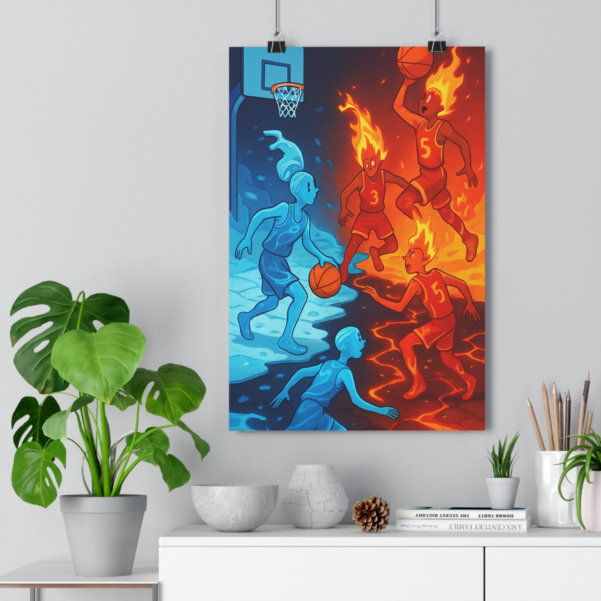 Poster décoratif vibrant moderne rouge bleu dynamique salon enfant aventure motif fantastique rivalité basket