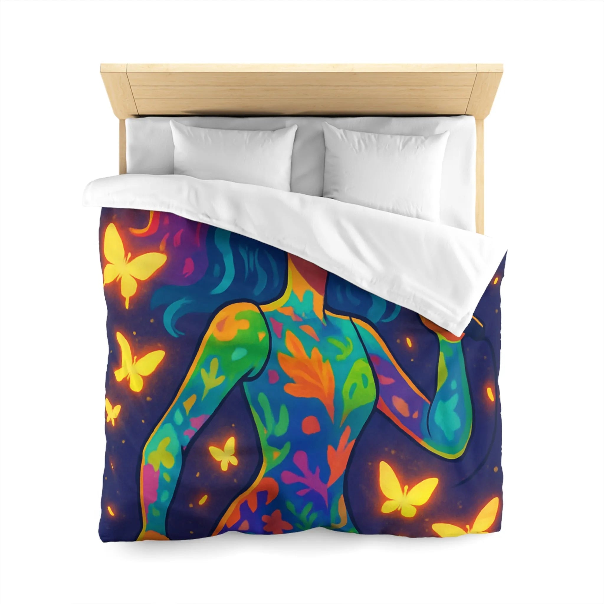 Housse de Couette Colorée : Artiste Chantant Entourée de Papillons Lumineux et Vibrants