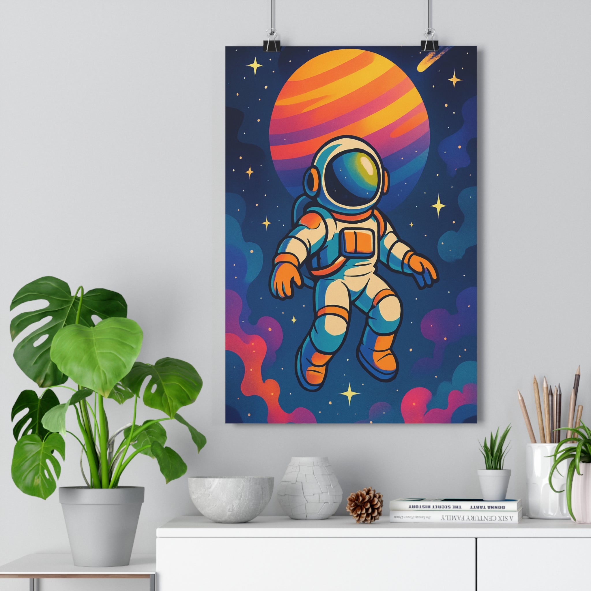 Poster décoratif cosmos astronaute jaune orange violet futuriste mystique chambre bureau ambiance rêve 30x46