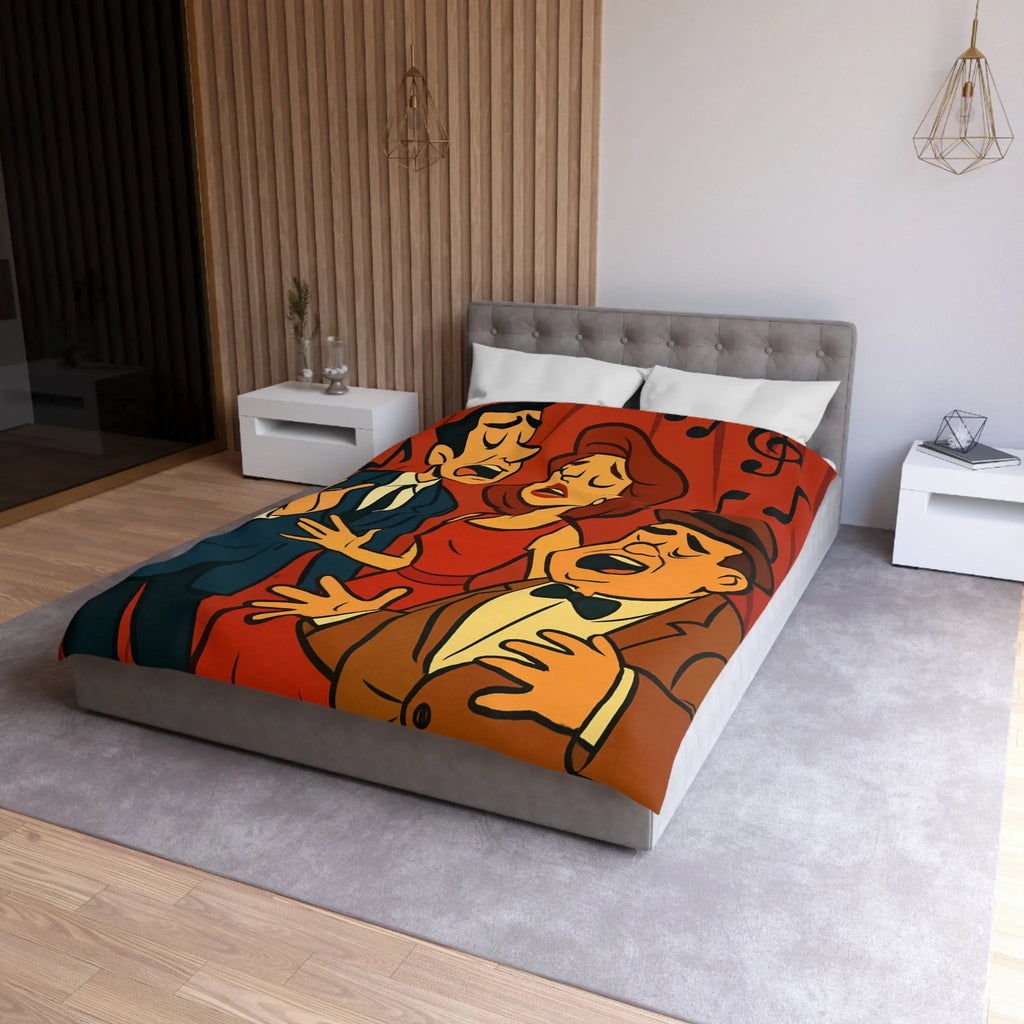 Ensemble vocal vintage animé exubérant, scène musicale rétro avec fond rouge et notes