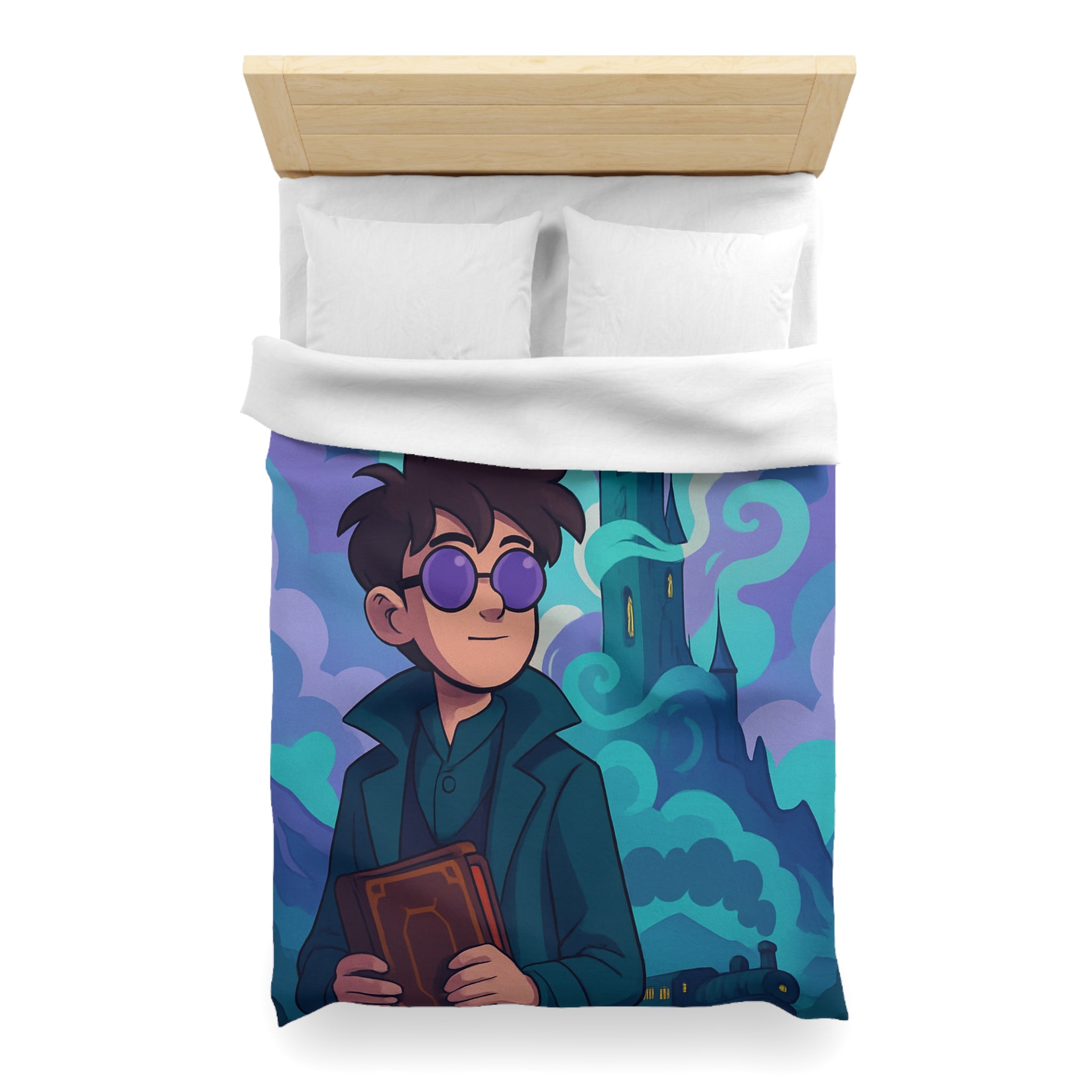 Housse de couette mystérieuse illustrant tour magique, train vapeur et hibou volant