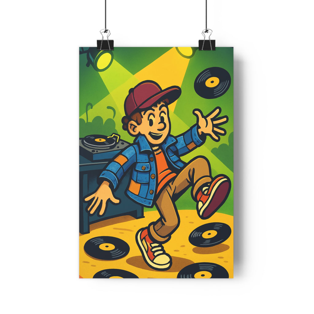 Poster décoratif rétro animé danse vinyle scène rouge bleu jaune vert dynamique nostalgique hiphop