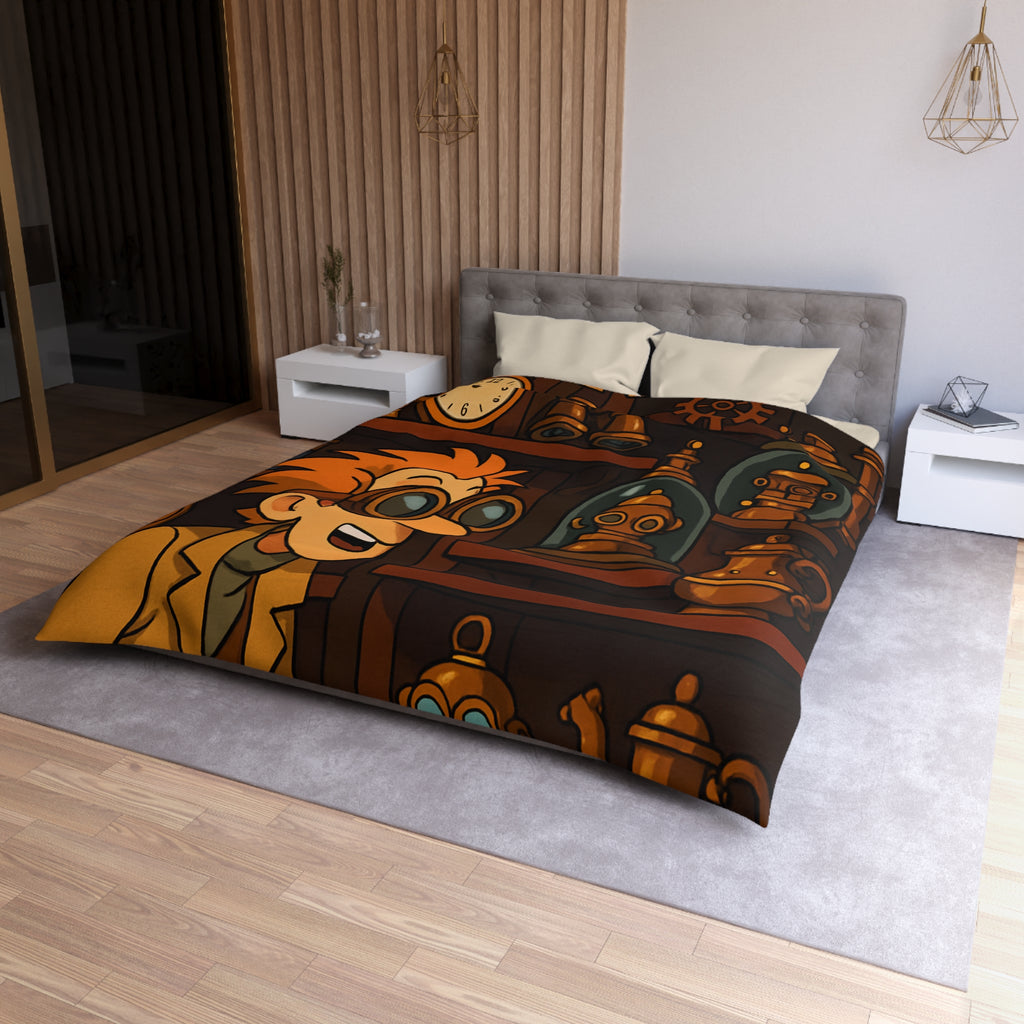 Housse de couette steampunk avec engrenages dorés et inventeur aux lunettes futuristes