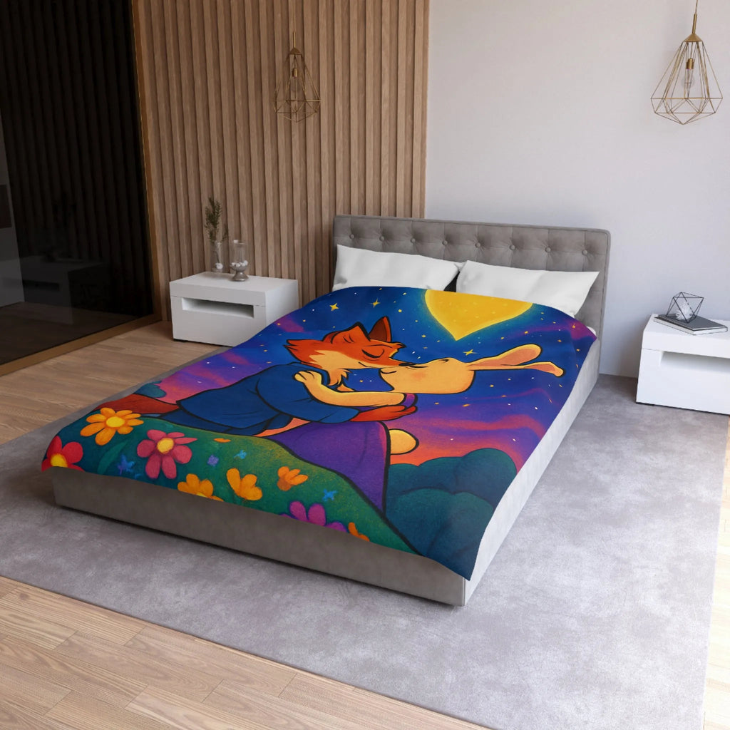 Housse de couette avec renard et lapin amoureux sous ciel étoilé romantique