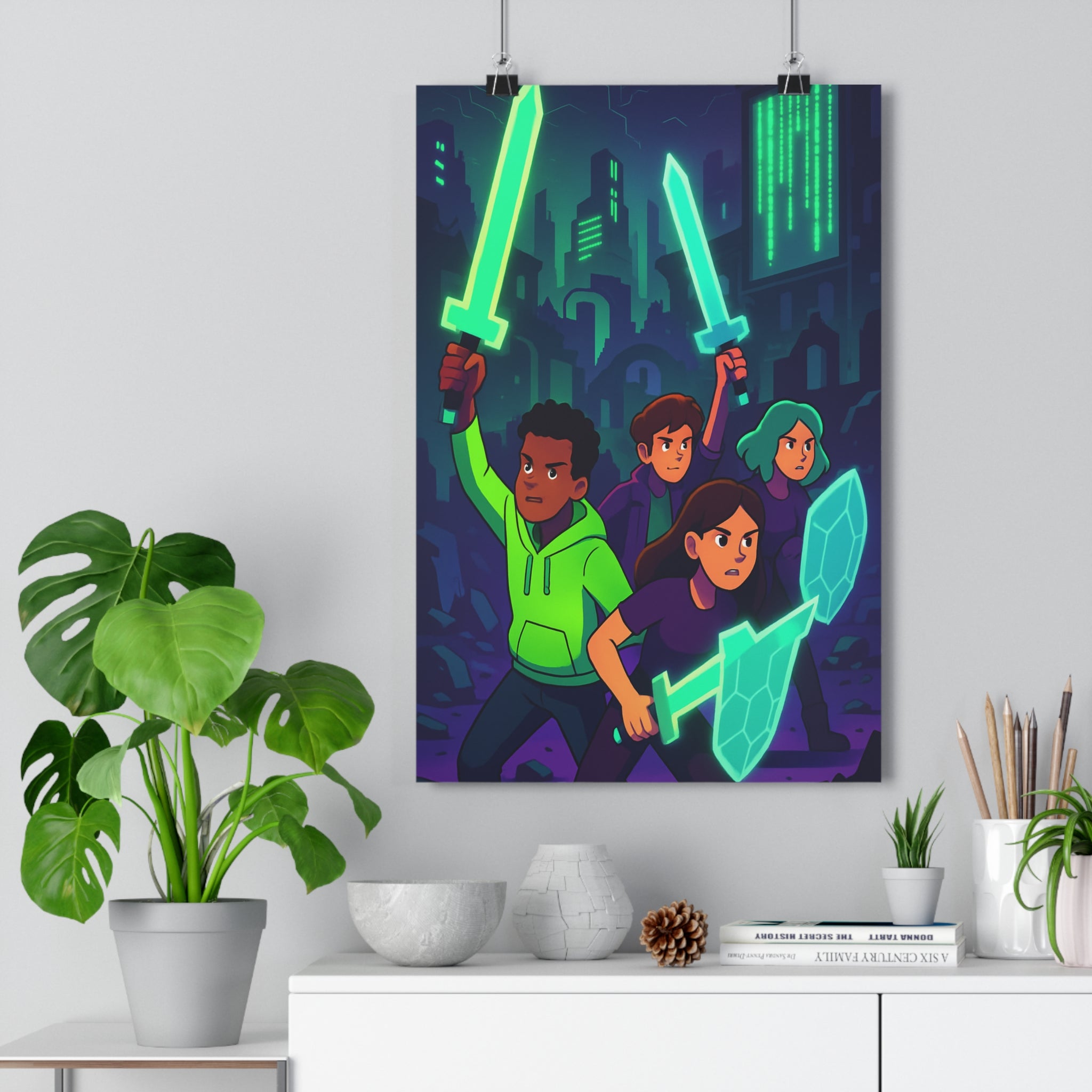 Poster décoratif crépuscule vert violet technoanime aventure urbain chambre salon intense futuriste ambiance mystère