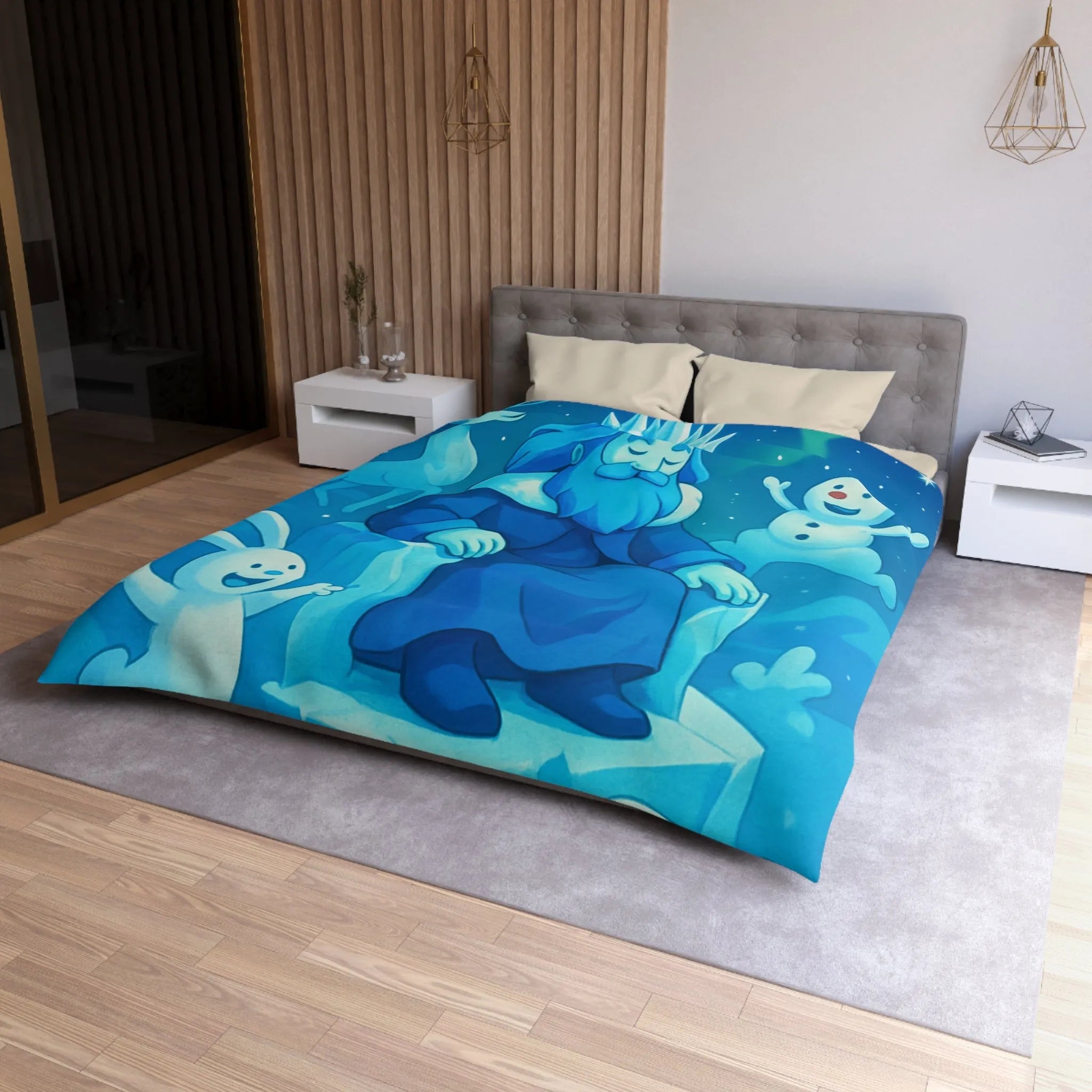 Housse de couette bleue roi de glace avec animaux et aurore boréale hivernale festive