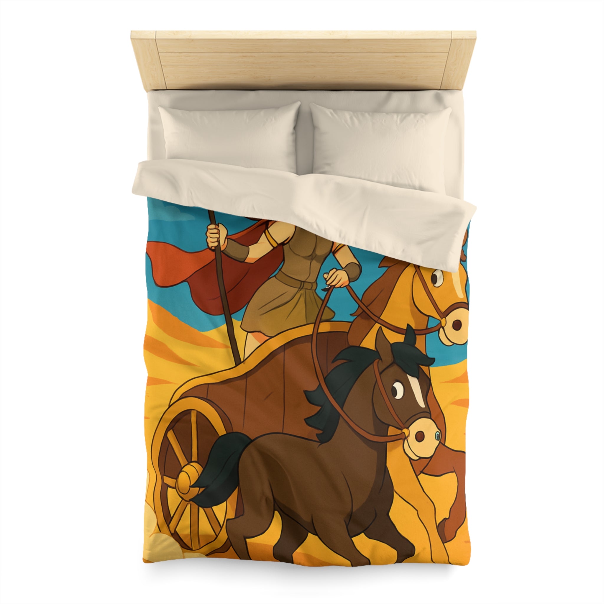 Housse de couette représentant guerrière en char avec chevaux marron dans désert animé