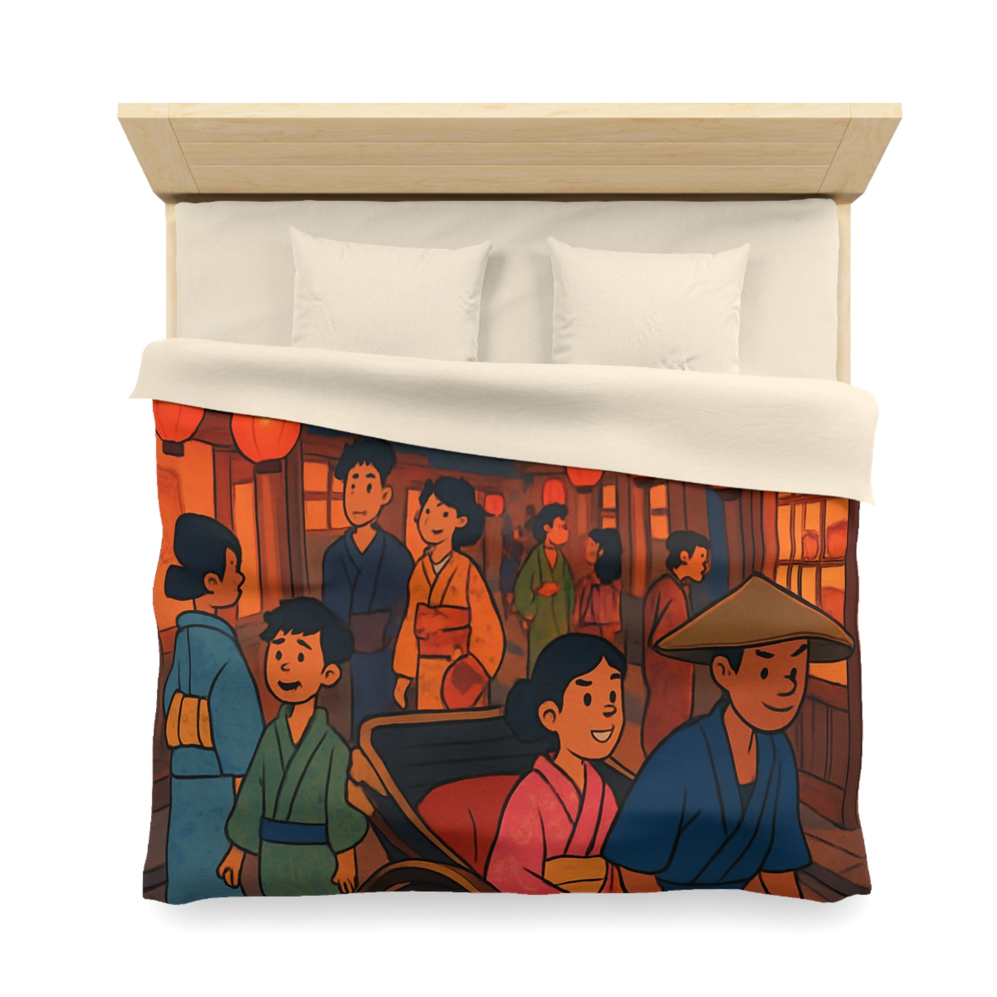 Housse de couette nocturne rouge et jaune avec lanterne et scène japonaise animée