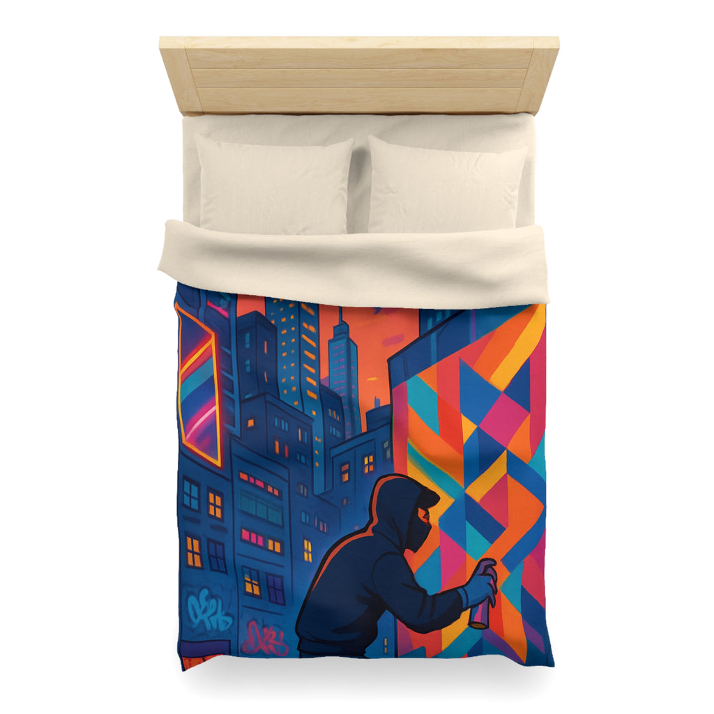 Housse de couette urbaine multicolore graffiti avec gratte-ciel et ciel crépusculaire