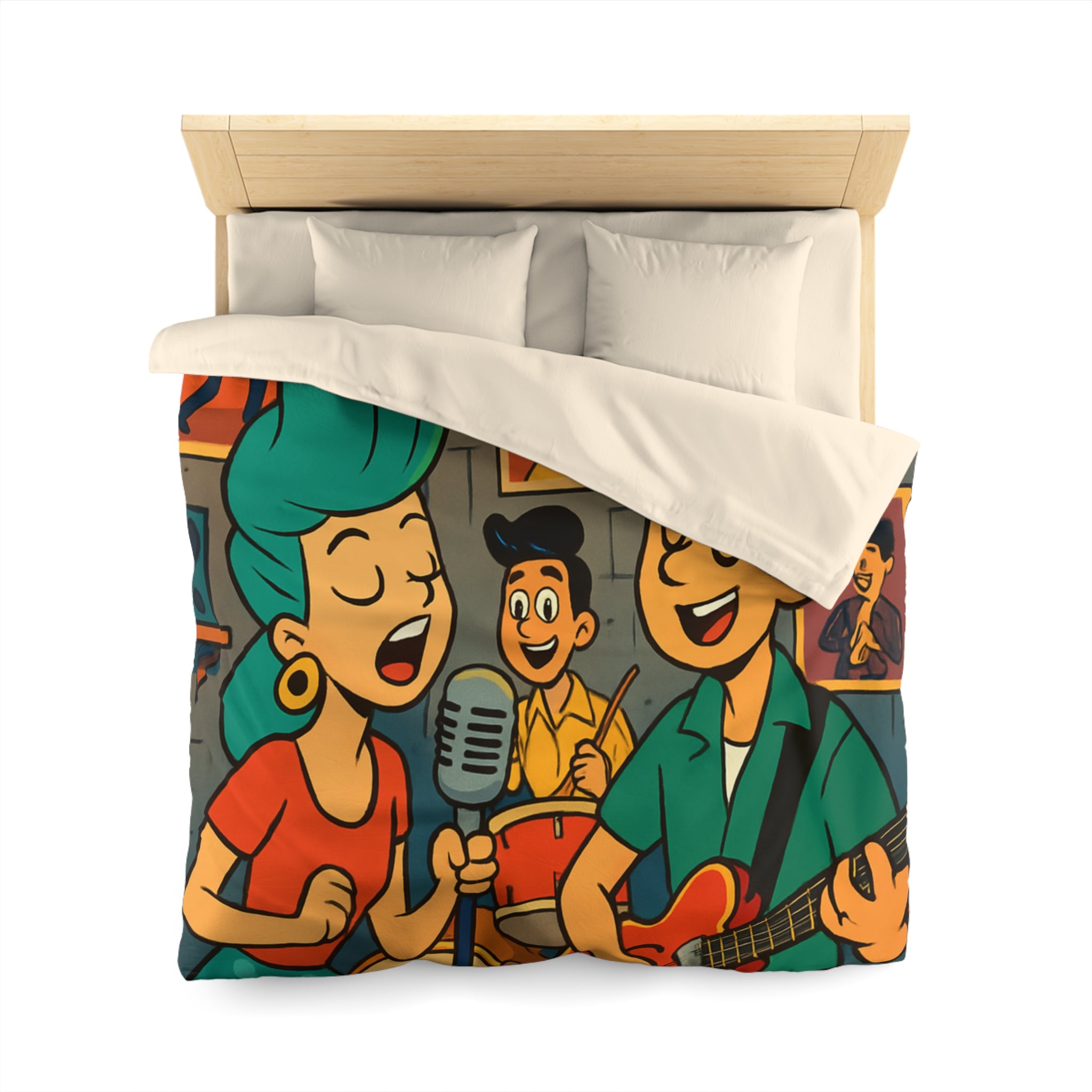 Housse de couette rétro ambiance années 50 avec musiciens et affiches colorées vintage